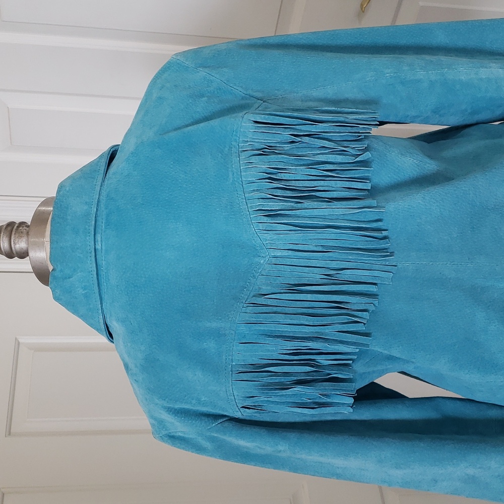 Vintage Margaret Godfrey Turquoise Suede Fringe Western Jacket Cowgirl Rodeo 12 - Picture 13 of 16
